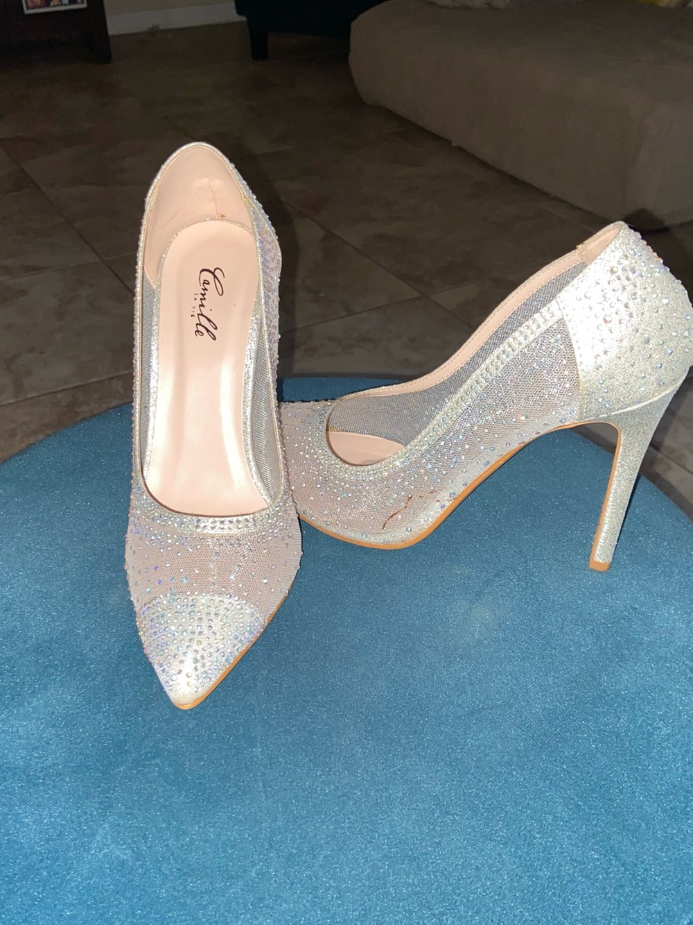 Camille La Vie Champagne Crystal Mesh Pointed-Toe Stiletto Heels